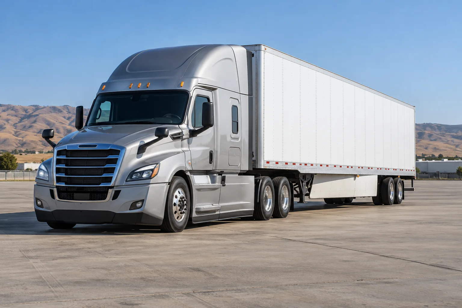 AI-generated silver semi-truck and white trailer in a California-inspired freight yard