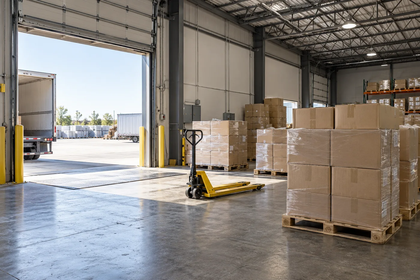 AI-generated warehouse loading bay with palletized cartons and a manual pallet jack