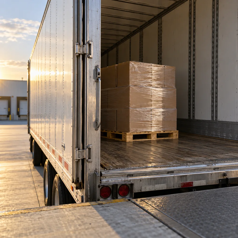 AI-generated freight trailer doorway with wrapped cartons on a pallet